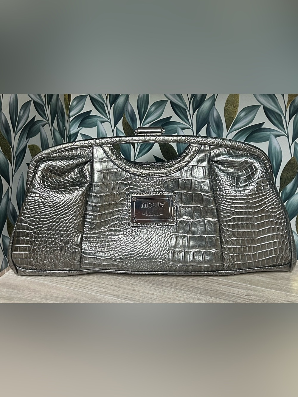Nicole Metallic Silver Croc-Embossed Women’s Clutch